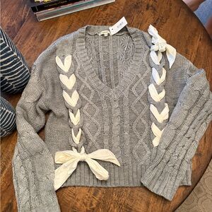 Gray Cable Knit Sweater with cream ribbon Accents- NWT
